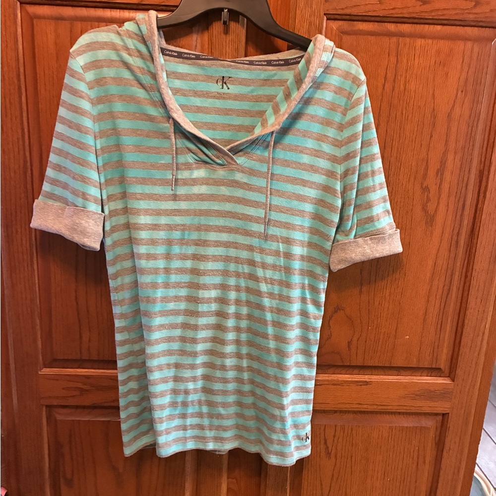 Calvin Klein Teal and Gray Striped Hoodie size M